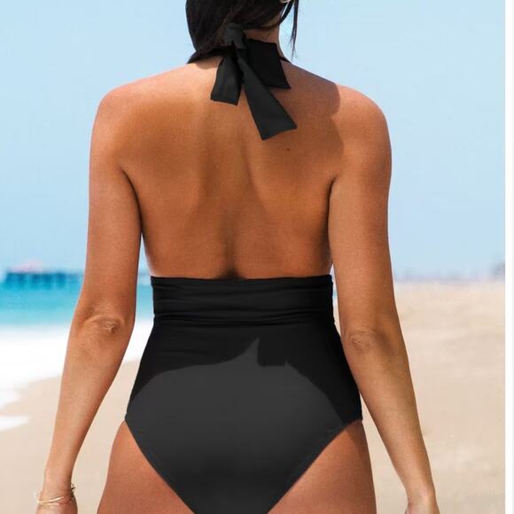Cupshe Summer Seaside Ruched Halter Tummy Control Black One Piece Swimsuit sz S - Picture 8 of 9